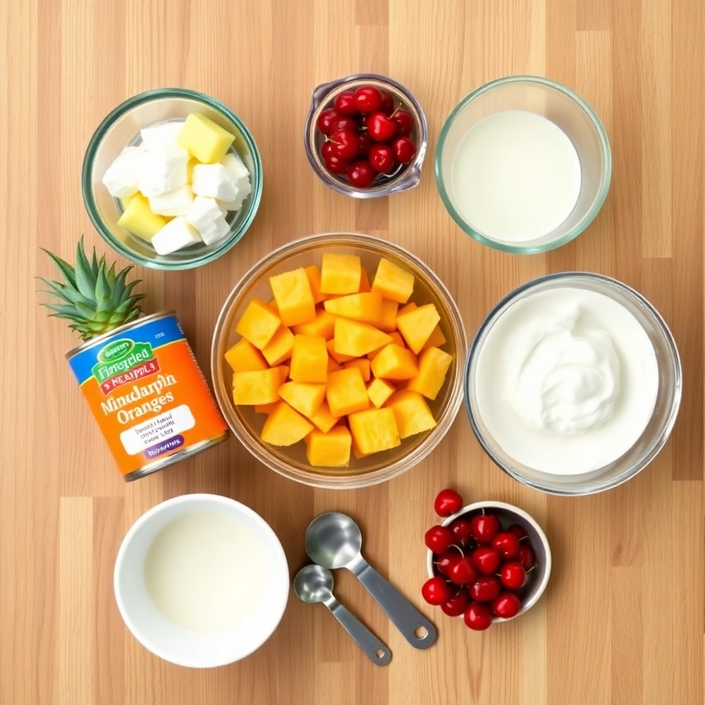 Raw Ingredients for Ambrosia Fruit Salad on a Wooden Surface