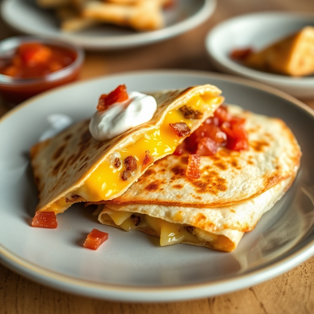 Plated bacon egg cheese breakfast quesadillas