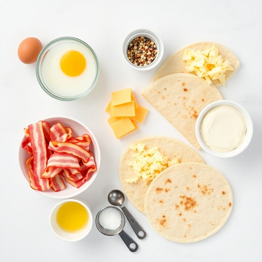Raw ingredients for bacon egg cheese quesadillas