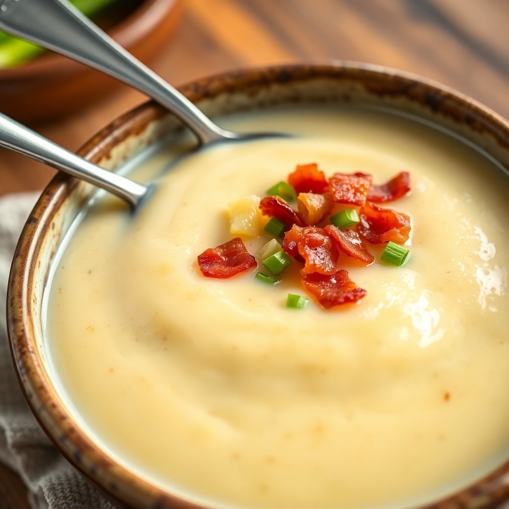 Bowl of creamy baked potato soup with crispy bacon and green onions