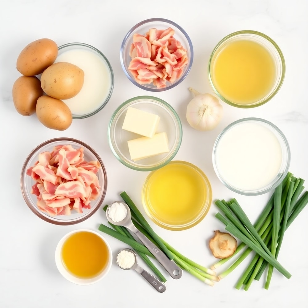 Raw ingredients for baked potato soup: potatoes, bacon, onion, garlic, butter, milk, chicken broth, salt, pepper, and green onions