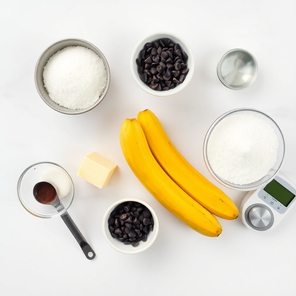 Bananas, flour, sugar, eggs, chocolate chips, and other ingredients for banana bread brownies