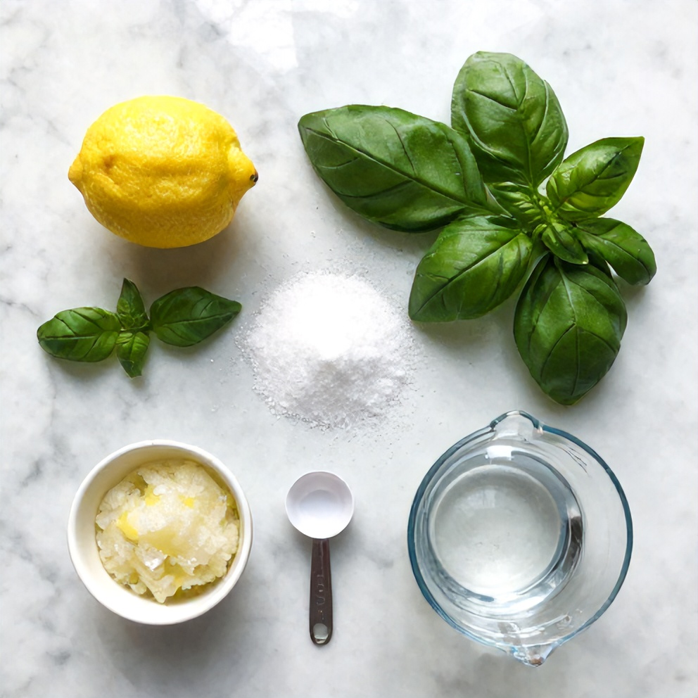 Basil Lemon Granita ingredients on a marble surface