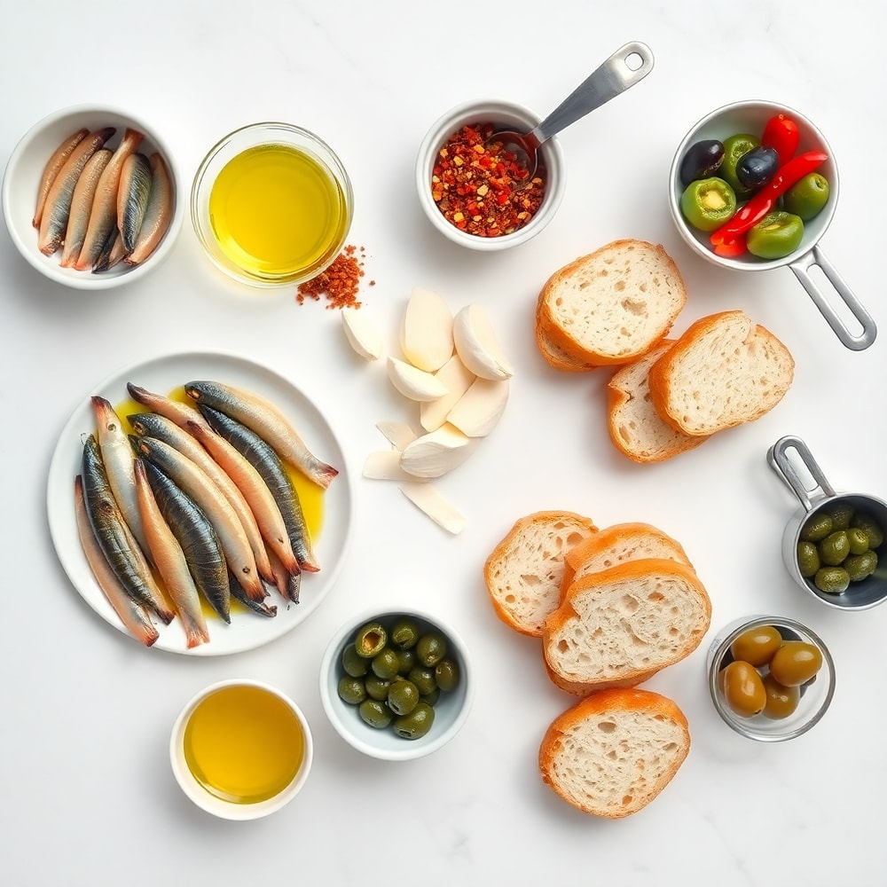 Raw ingredients for Basque Pintxos on a marble surface