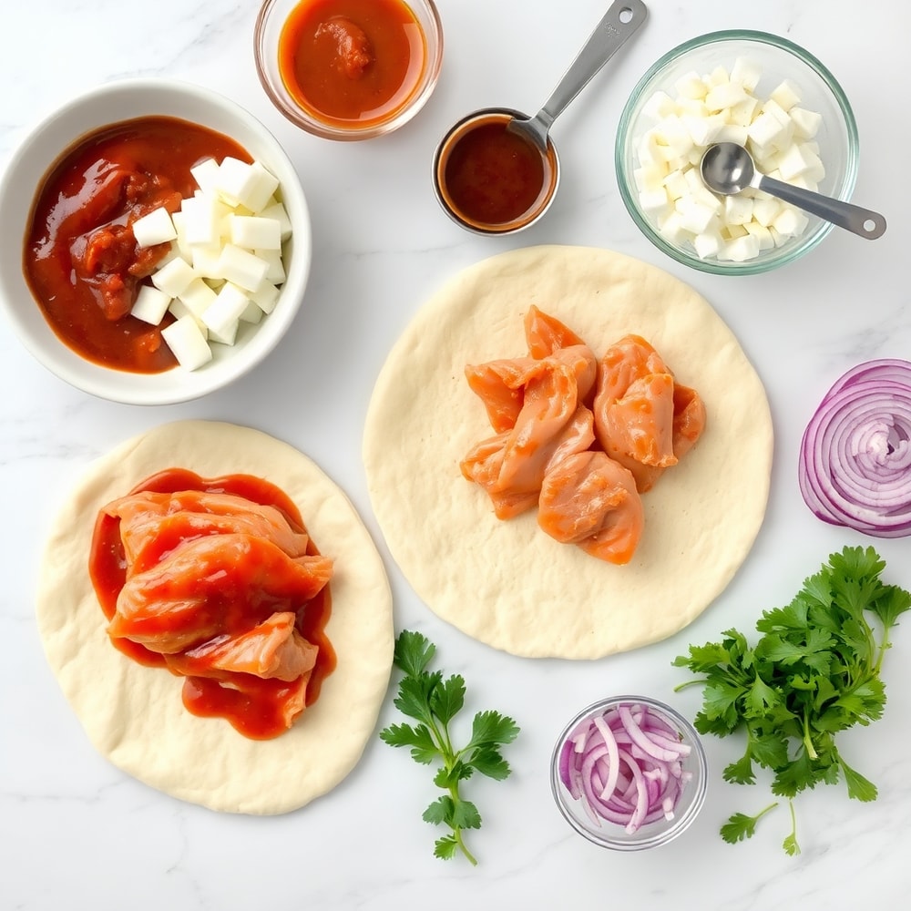 BBQ Chicken Flatbread ingredients on a marble counter