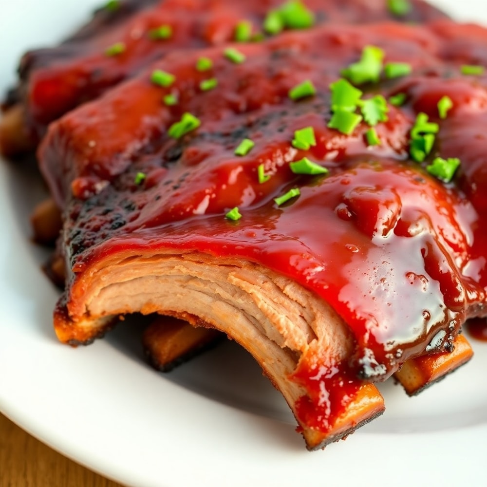 Plated BBQ ribs with bourbon sauce