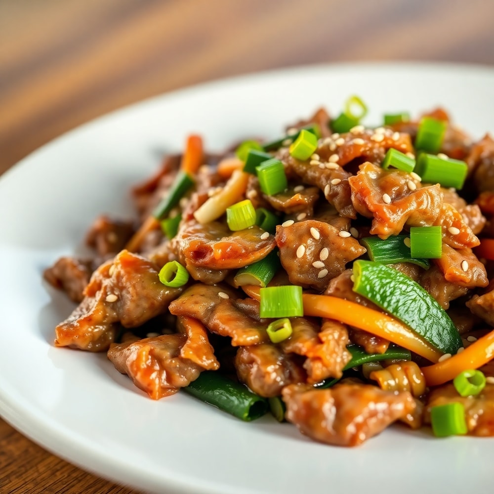 Plated beef stir fry with green onions and sesame seeds on a white plate