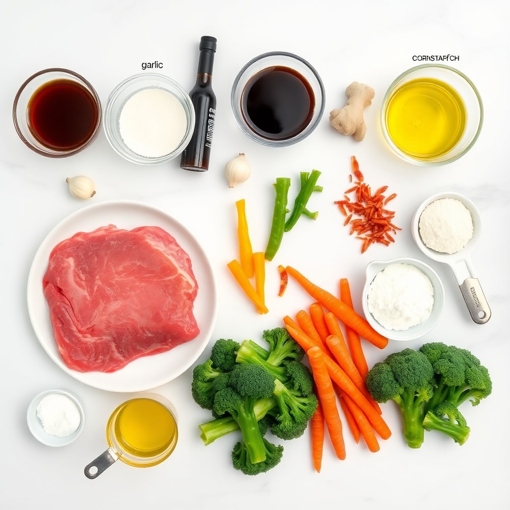 Raw ingredients for beef stir fry on a white marble surface