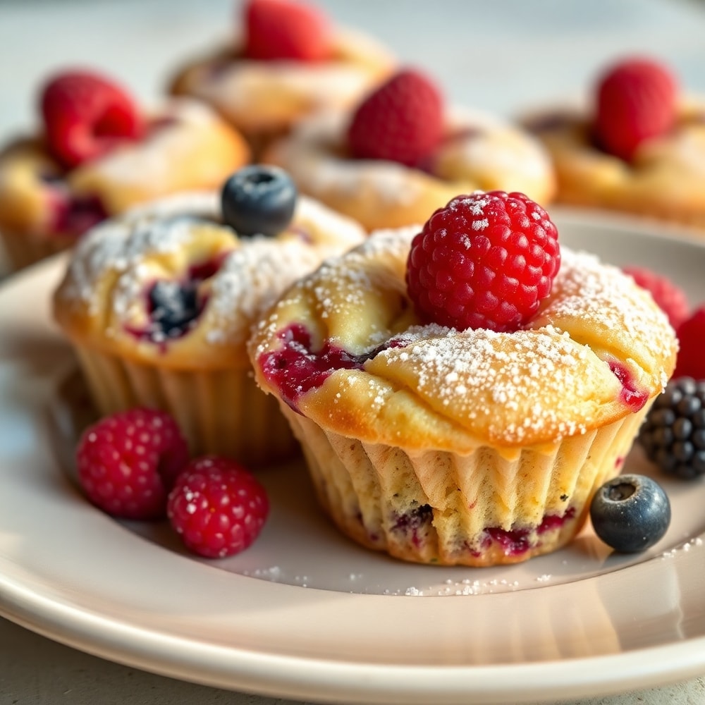 Plated creamy berry muffins with cream cheese filling