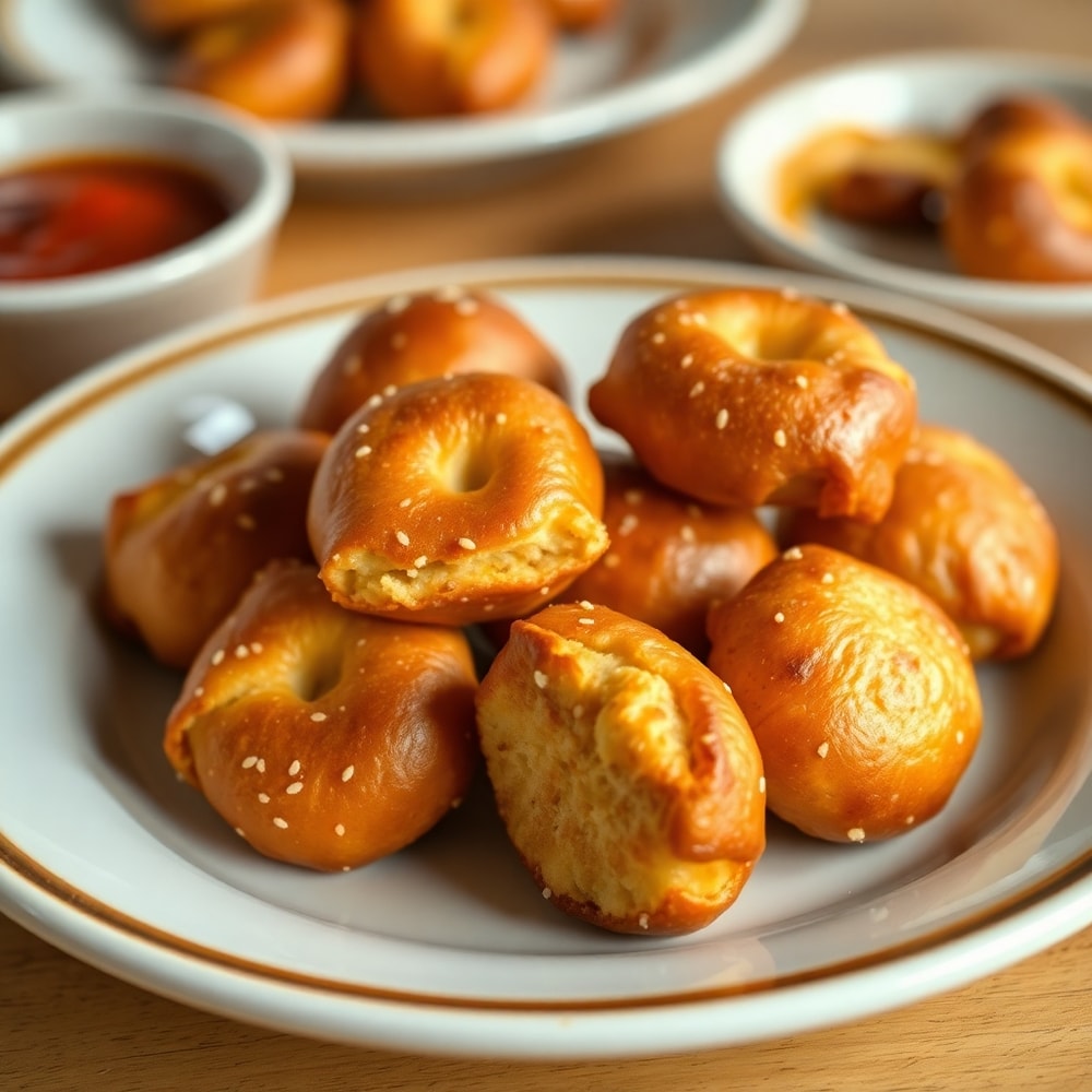 Pretzel bites on a plate with mustard for dipping
