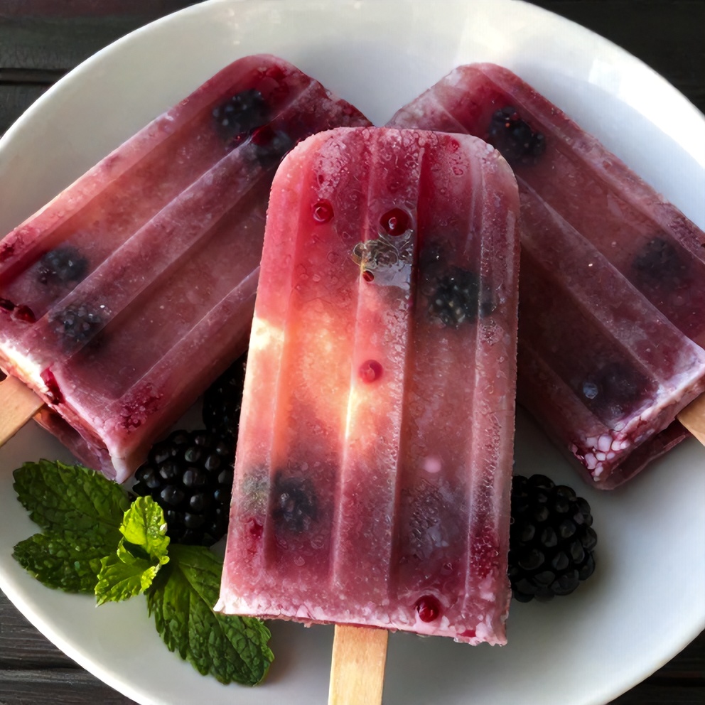 Plated serving of Blackberry Basil Mojito Popsicles on a white dish