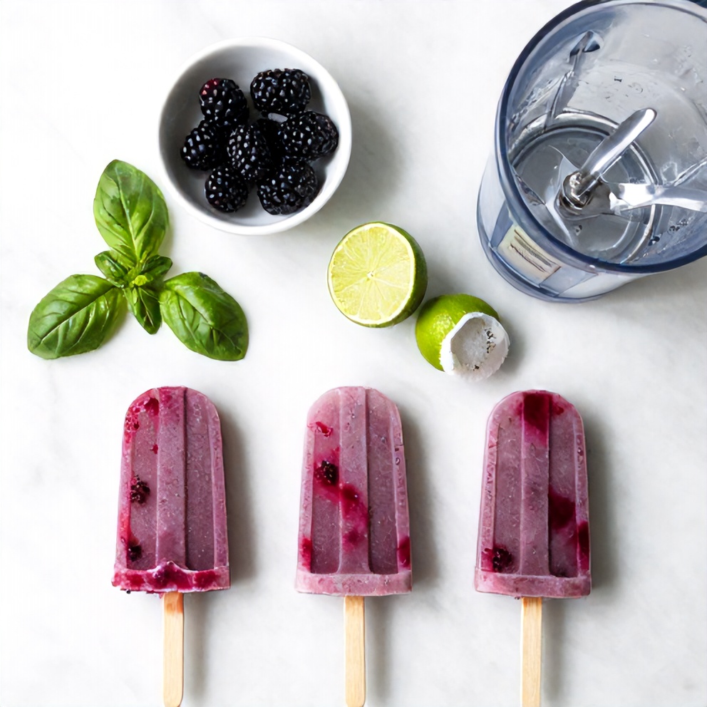 Overhead shot of ingredients for Blackberry Basil Mojito Popsicles on a white marble surface