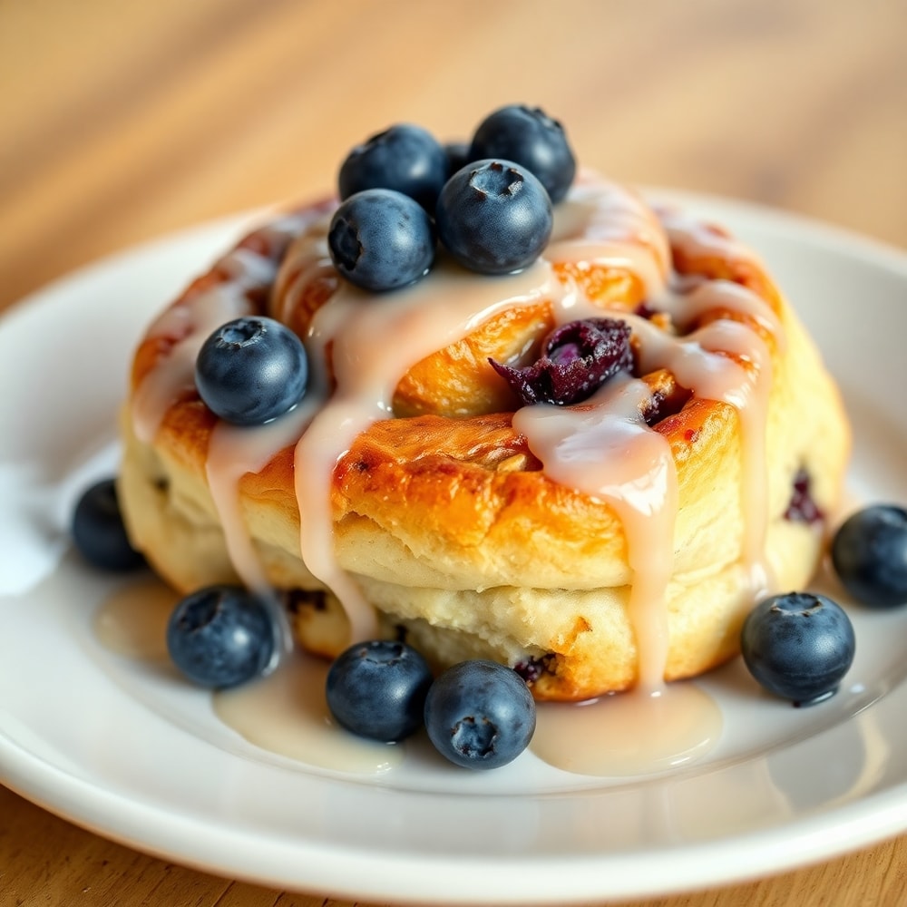 Blueberry Cinnamon Rolls plated with a drizzle of icing and fresh blueberries