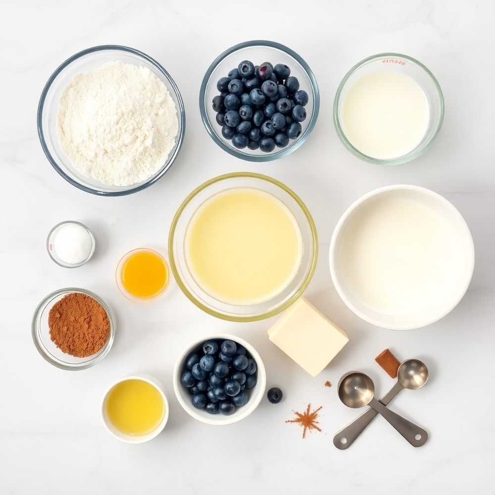 Raw ingredients for Blueberry Cinnamon Rolls including flour, yeast, sugar, blueberries, and cinnamon