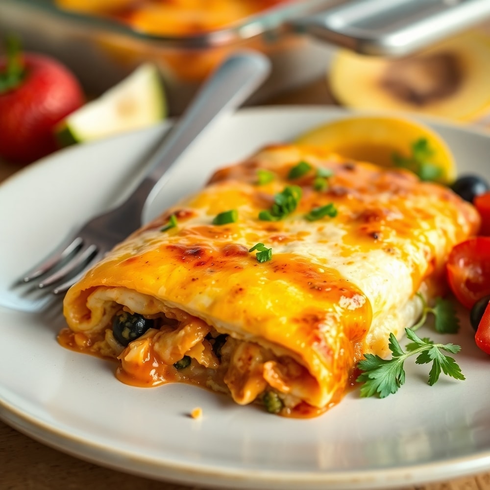 Breakfast Enchilada Bake ready to serve with fresh herbs and a side of fruit