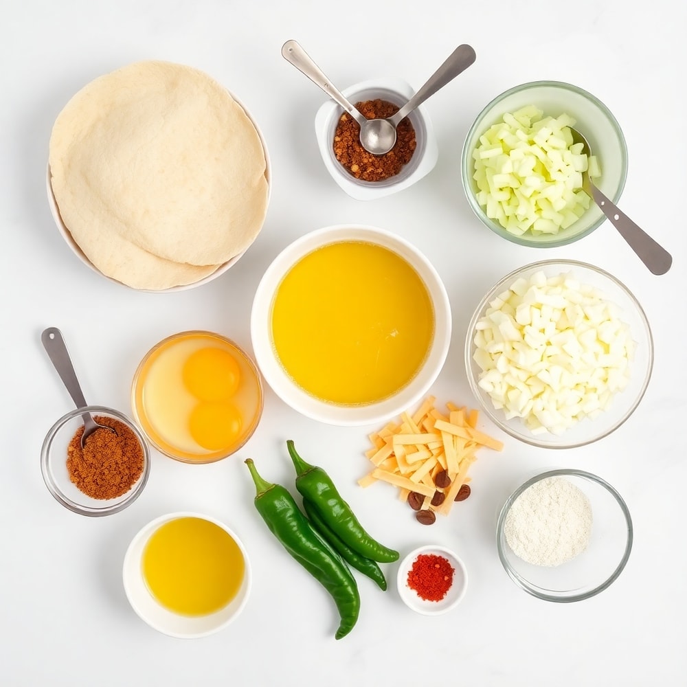 Breakfast Enchilada Bake ingredients: tortillas, eggs, cheese, peppers, onions, and spices