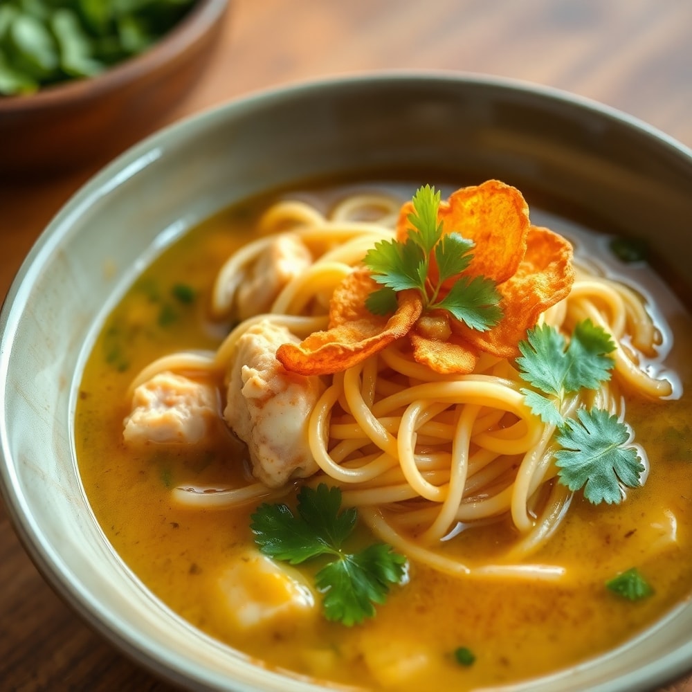 Burmese Mohinga Fish Noodle Soup served in a bowl with garnish