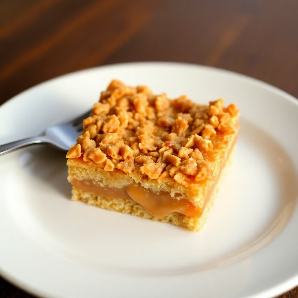 A perfect serving of Caramel Crush Bars on a white plate
