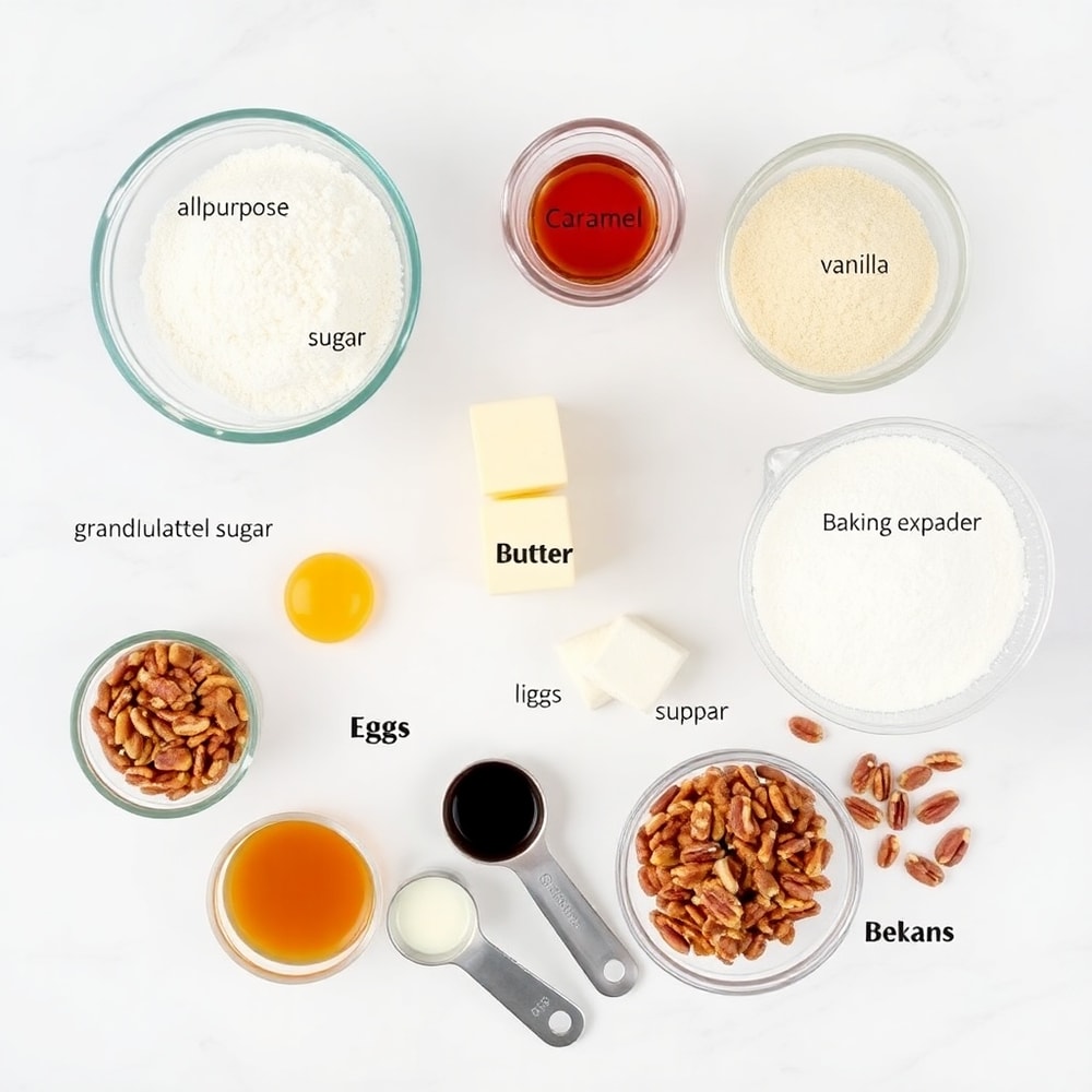 Raw ingredients for Caramel Crush Bars on a white marble surface