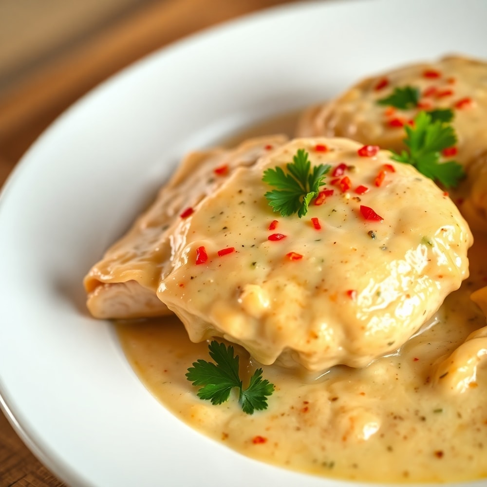 Chicken Madeira plated with parsley garnish
