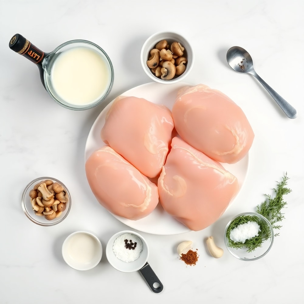 Chicken Madeira ingredients on a marble counter