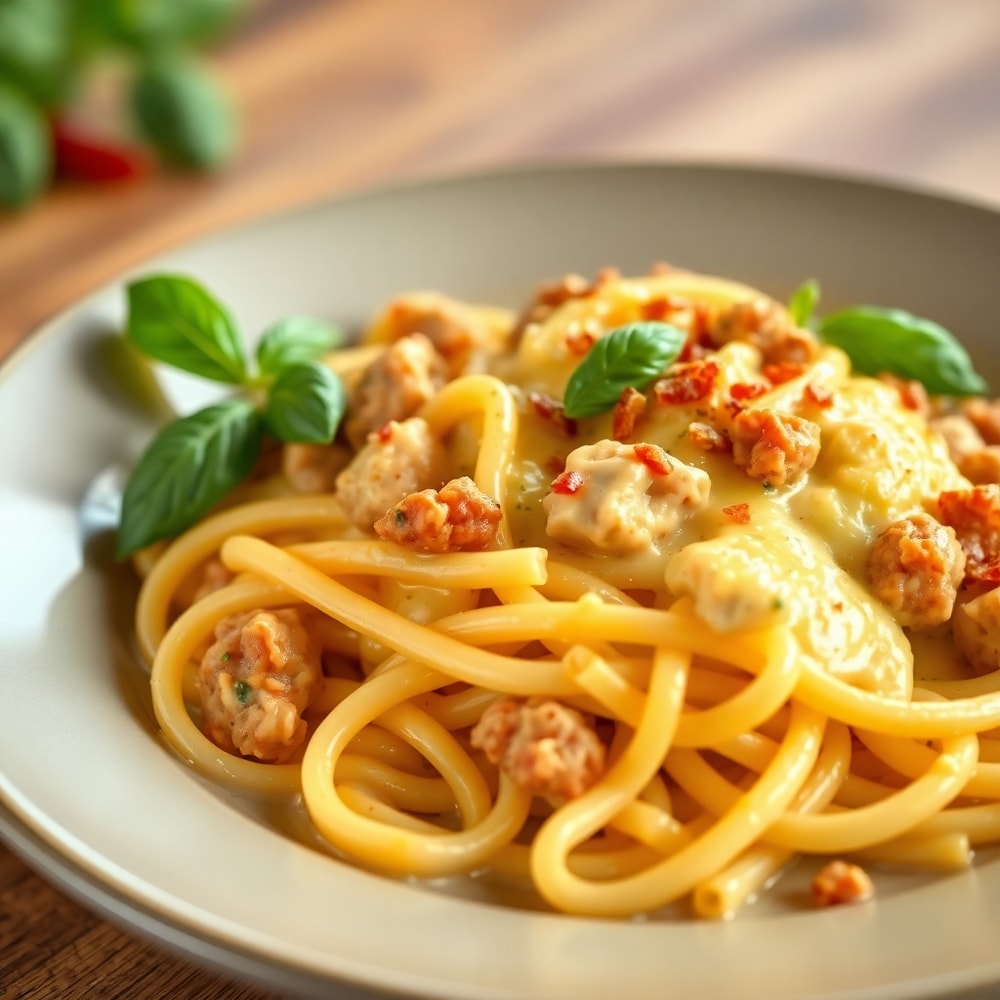 Plated Cheesy Chicken and Sausage Pasta