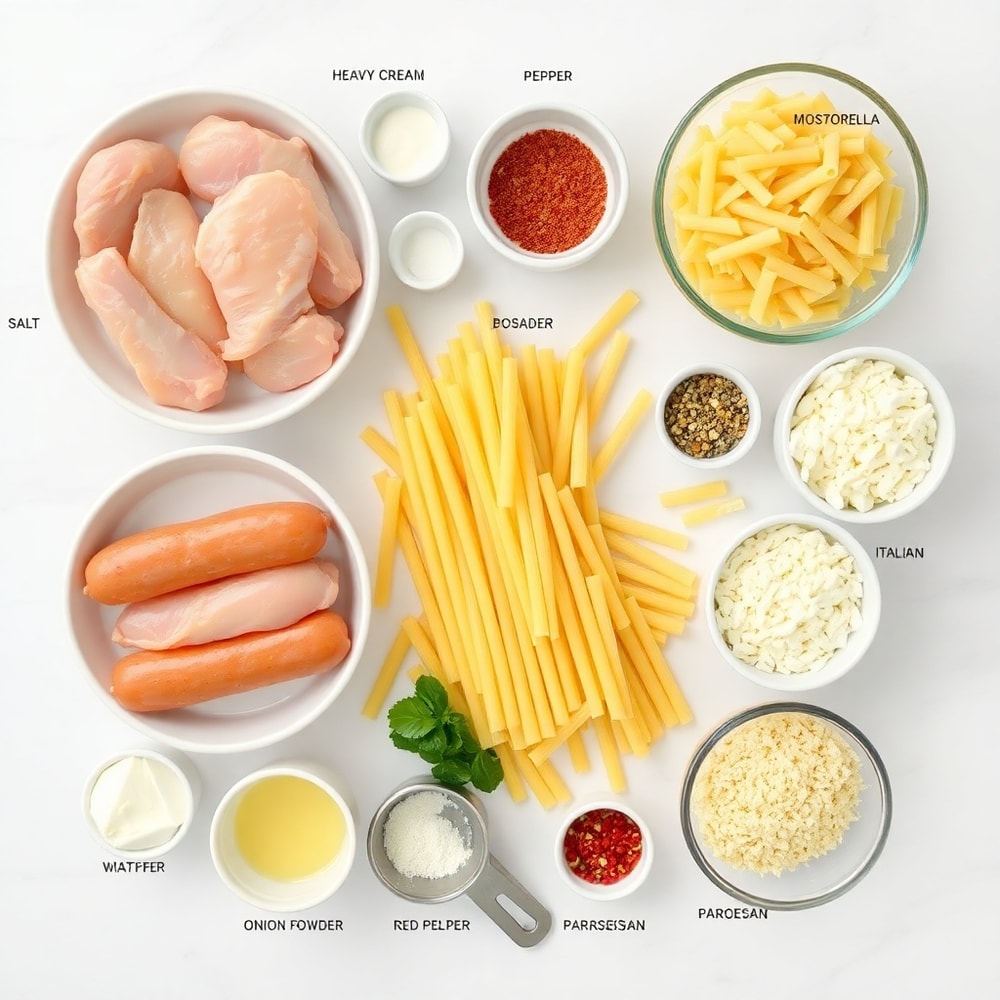 Raw Ingredients for Cheesy Chicken and Sausage Pasta