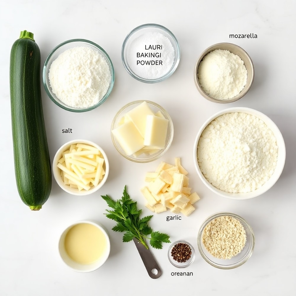 Raw ingredients for Cheesy Zucchini Breadsticks on a marble counter