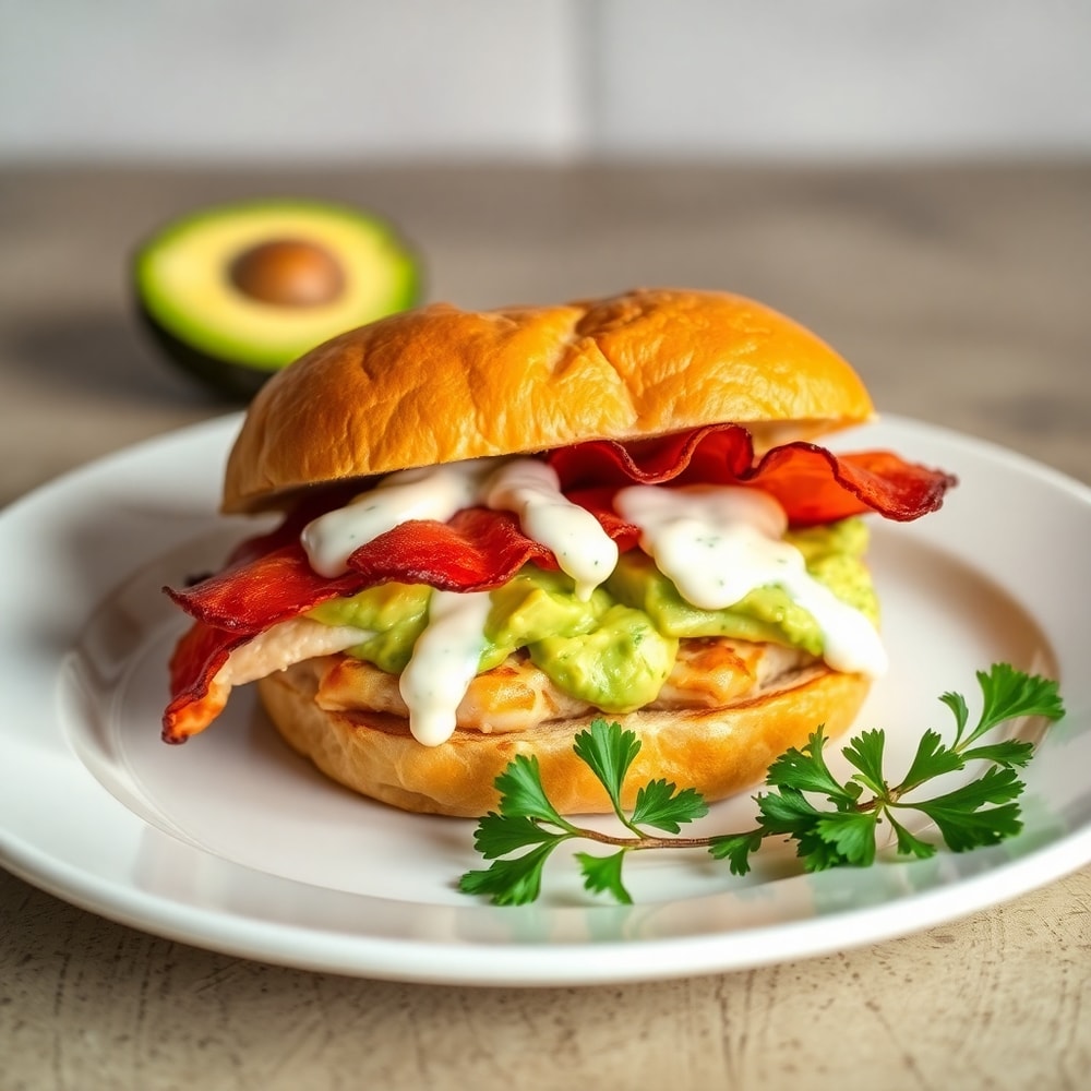 Plated chicken club sandwich with creamy avocado ranch on a white plate