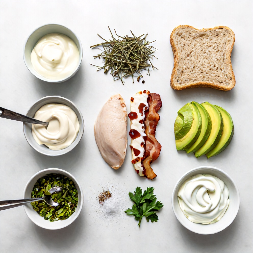 Raw ingredients for chicken club sandwich on a marble surface