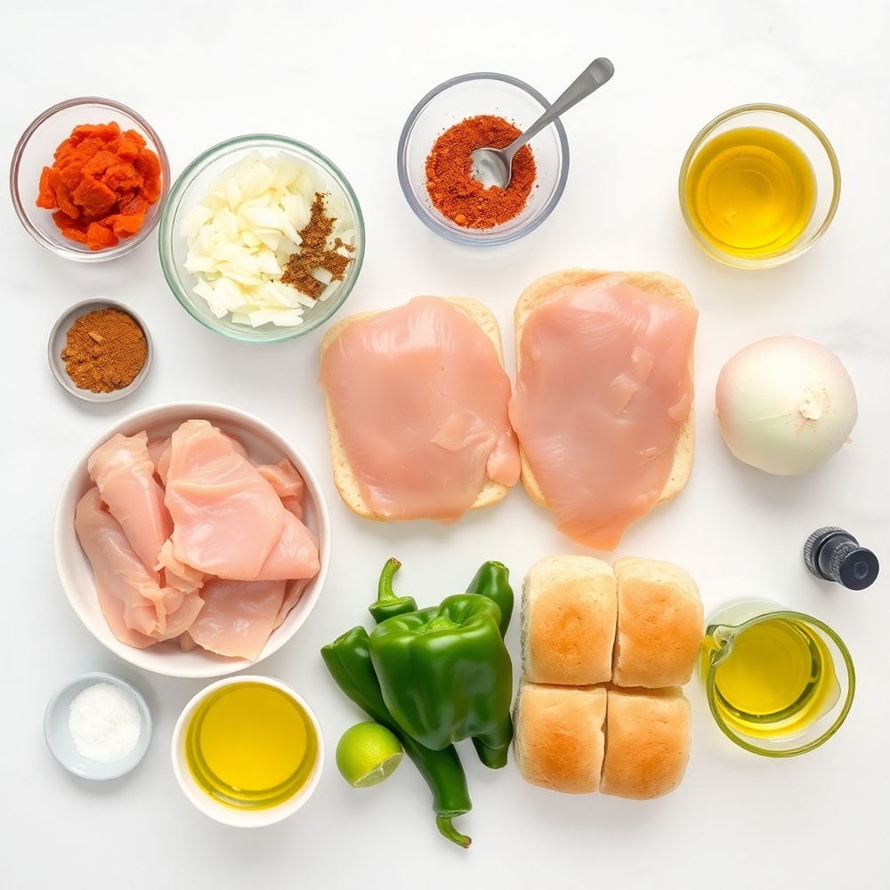 Raw ingredients for Chicken Fajita Sliders arranged in a flat lay