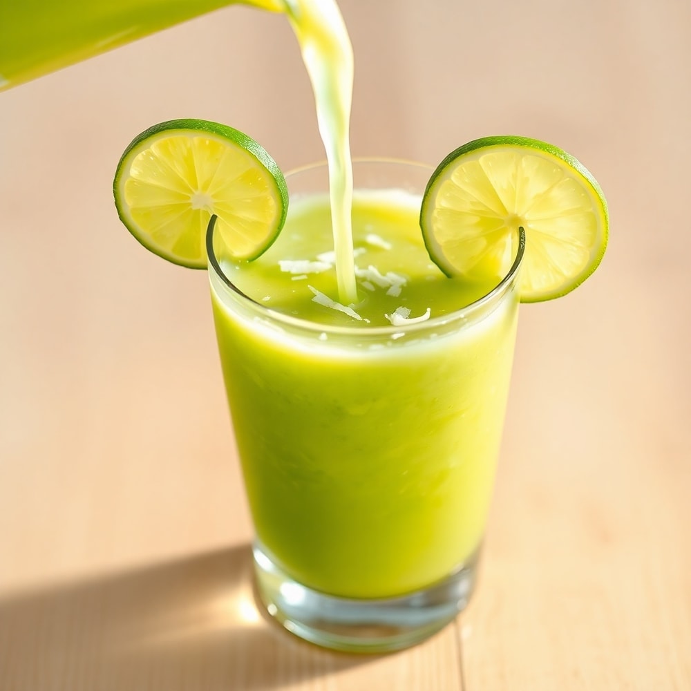Coconut Key Lime Smoothie poured into a glass with a lime wedge and coconut flakes garnish