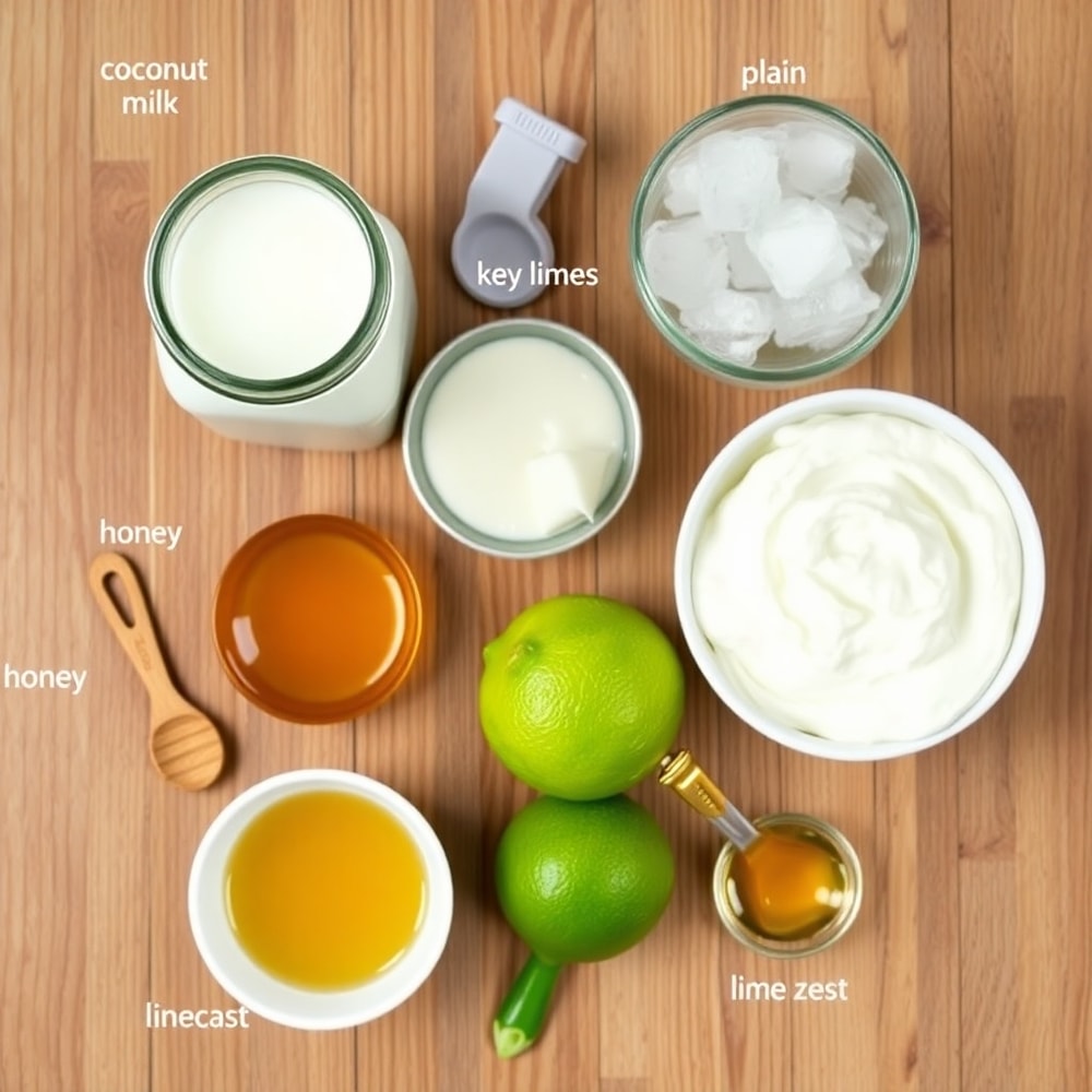 Coconut Key Lime Smoothie ingredients laid out on a wooden surface