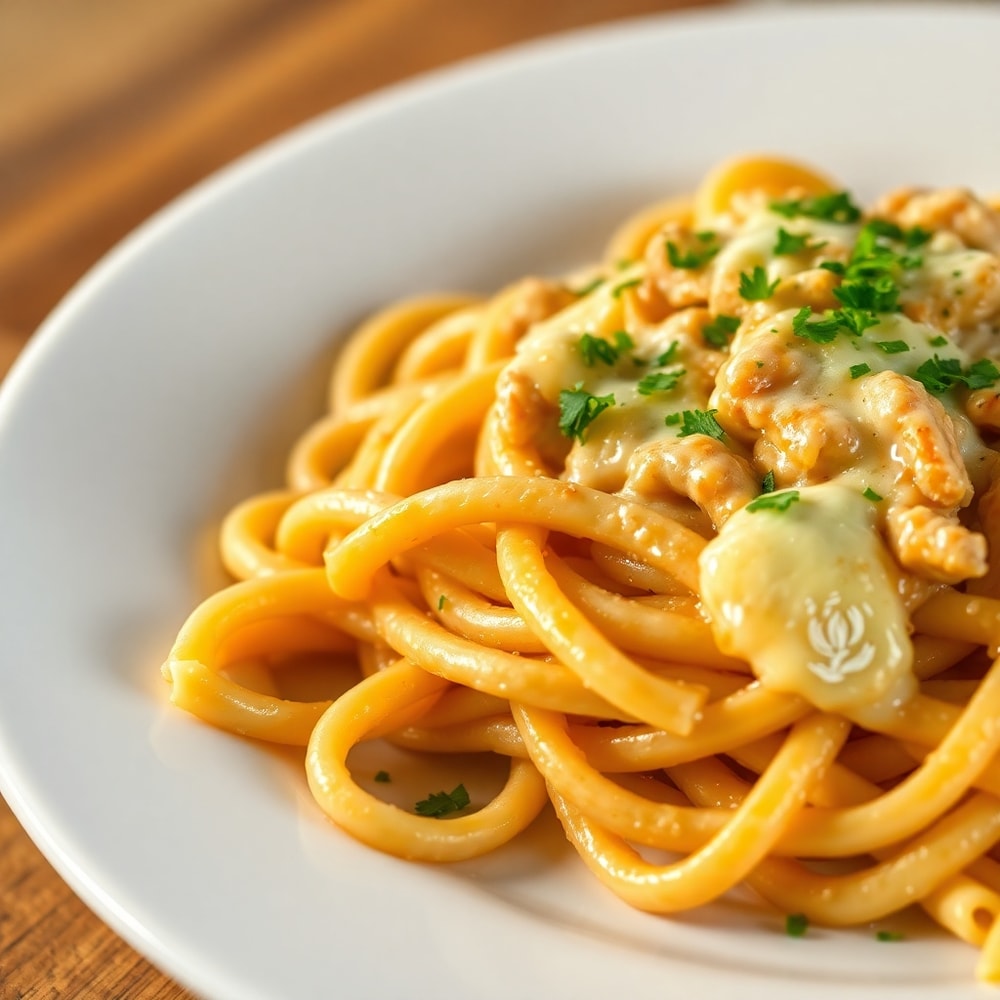 Plated serving of Crack Chicken Pasta with a sprinkle of chopped parsley