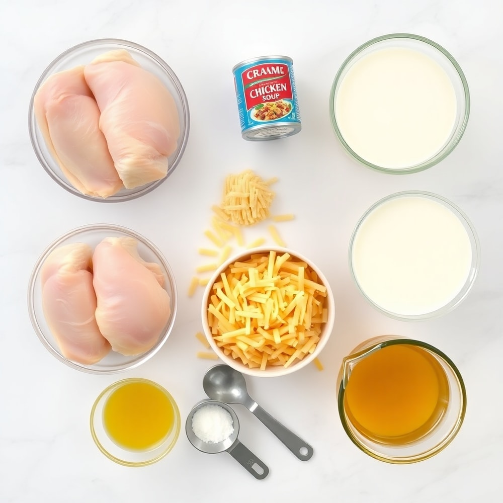 Raw ingredients for Crack Chicken Pasta including chicken, pasta, cream of chicken soup, and cheddar cheese