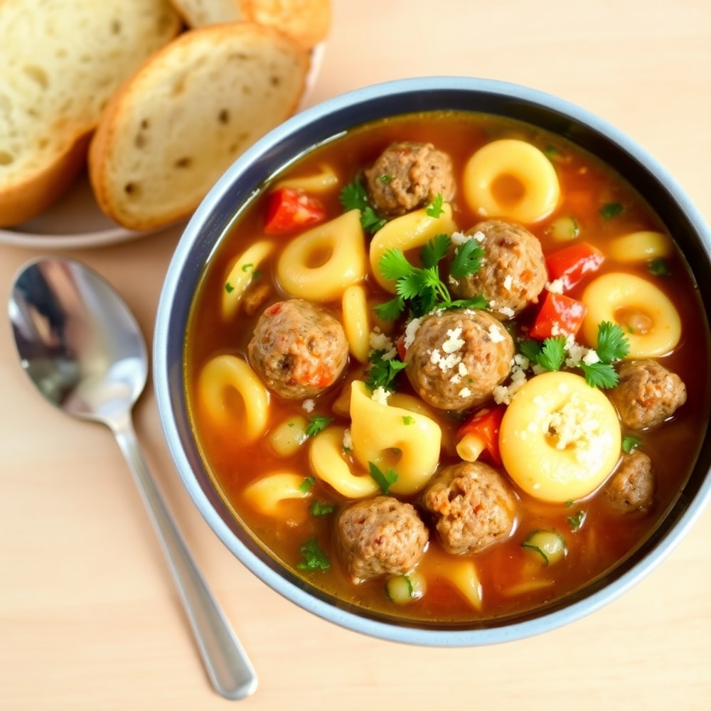 Bowl of Crockpot Meatballs and Tortellini Soup with a side of garlic bread