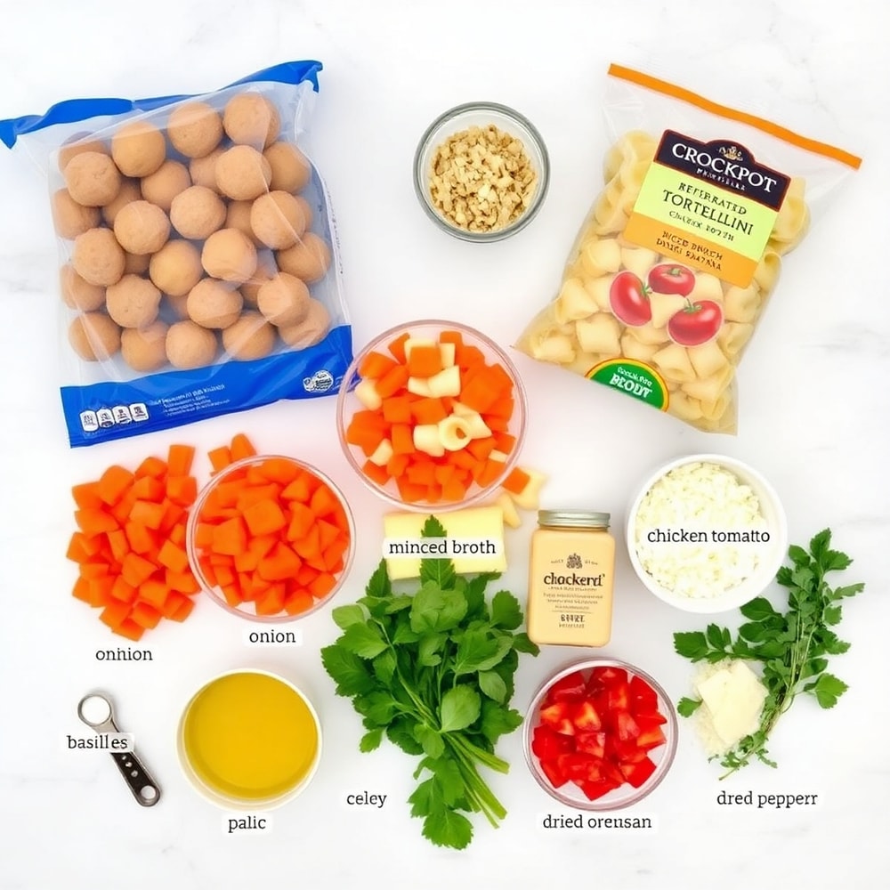 Raw ingredients for Crockpot Meatballs and Tortellini Soup including meatballs, tortellini, and vegetables