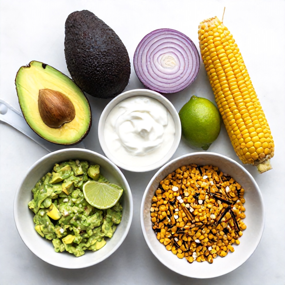 Raw Ingredients for Creamy Avocado Dip with Grilled Corn Salad