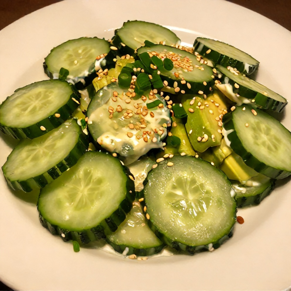 Plated serving of Creamy California Roll Cucumbers Salad