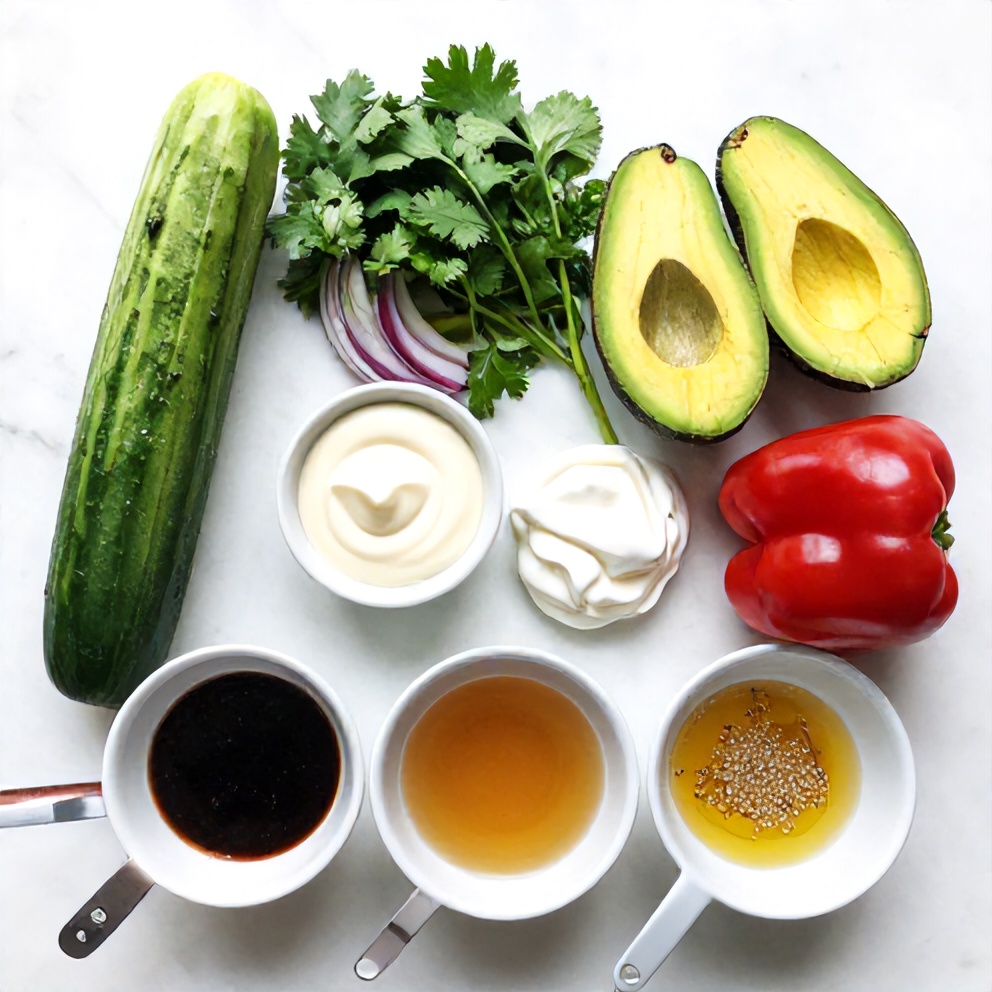 Ingredients for California Roll Cucumbers Salad on a marble surface