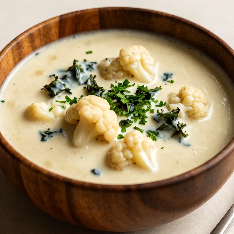 One perfect bowl of Creamy Cauliflower Sausage Kale Soup with a sprinkle of chopped parsley, close crop, warm side lighting showing creamy texture, dark wooden bowl on a light surface, no text or watermark.