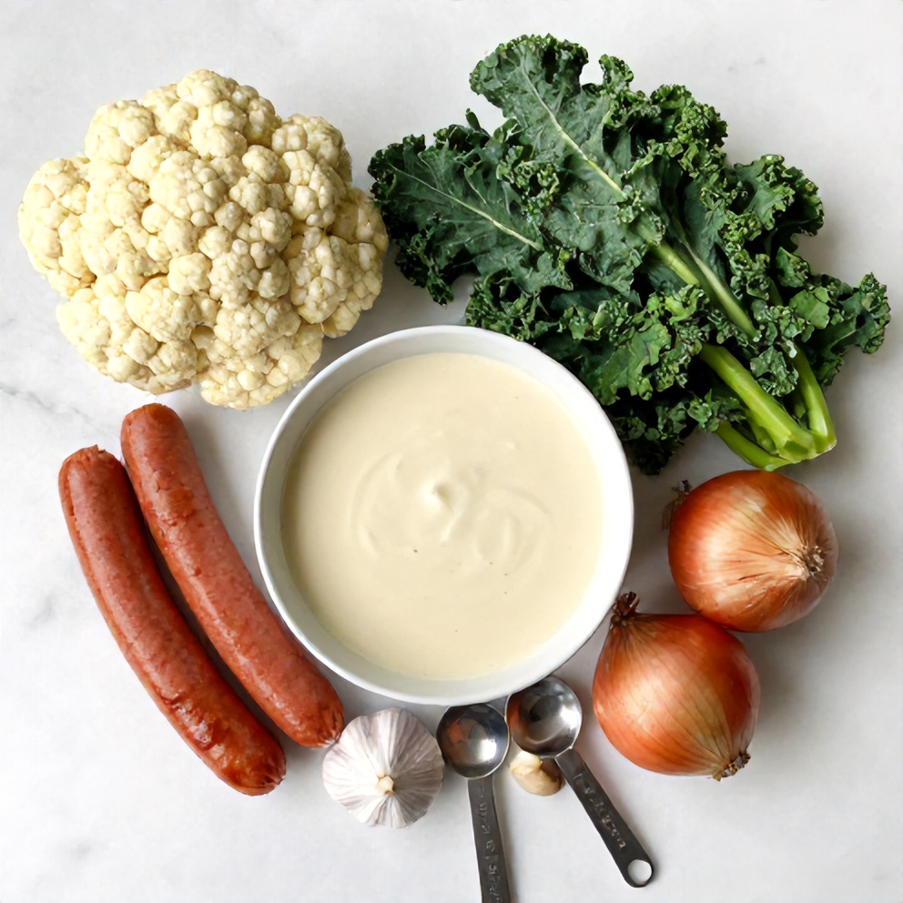 Raw ingredients for Creamy Cauliflower Sausage Kale Soup arranged in an overhead flat lay, including cauliflower, sausage, kale, onions, garlic, and measuring spoons on a white marble surface, bright even natural light.