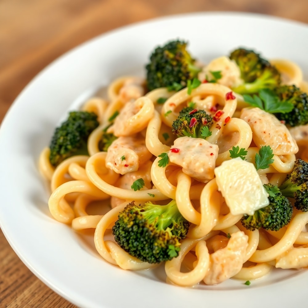 Plated Creamy Chicken Bowtie Pasta with Roasted Broccoli and Havarti