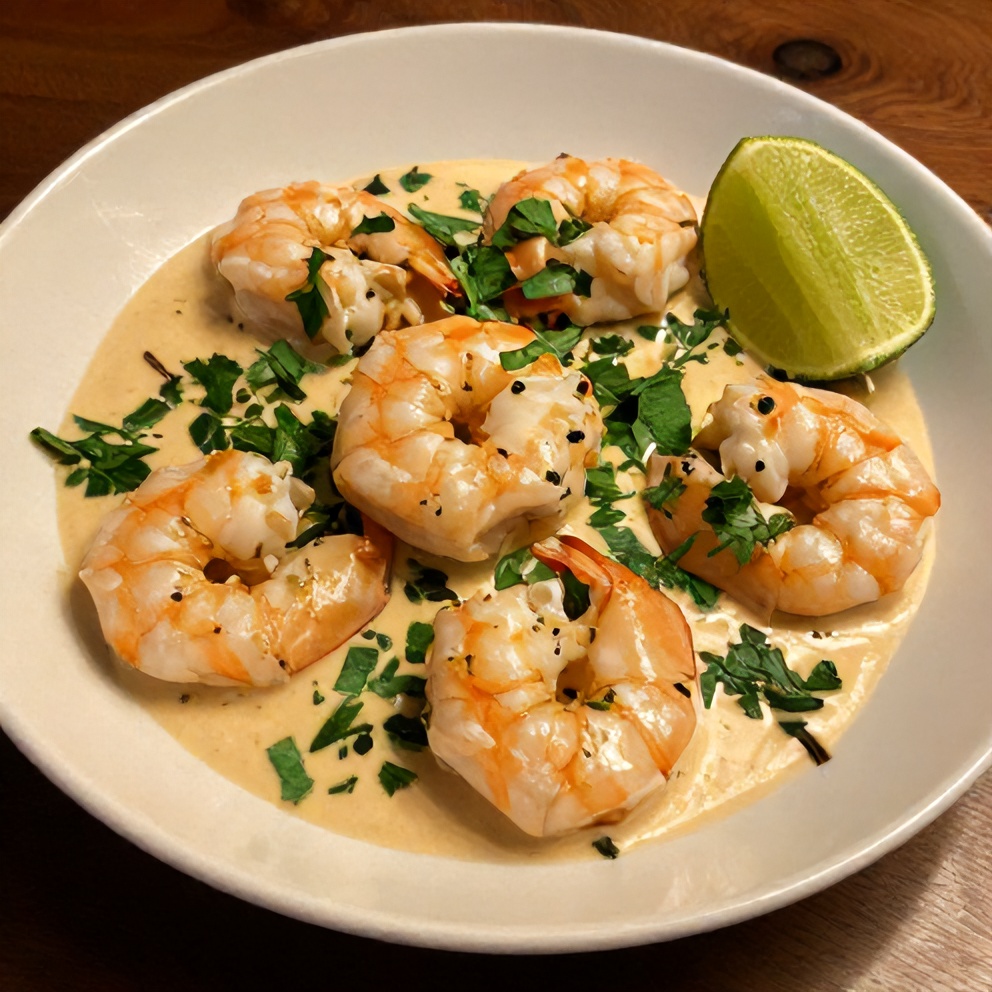 Plated creamy coconut garlic shrimp with cilantro and lime