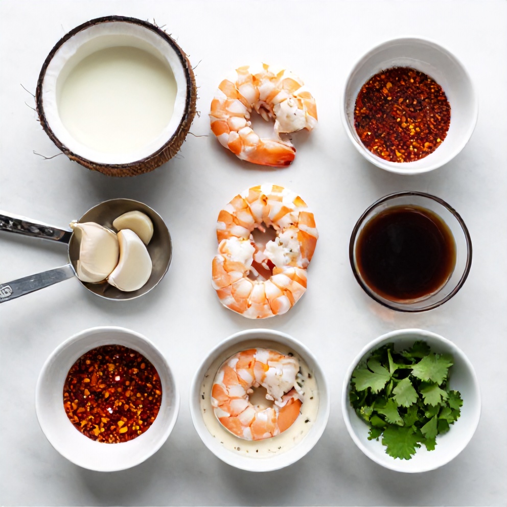 Raw ingredients for creamy coconut garlic shrimp