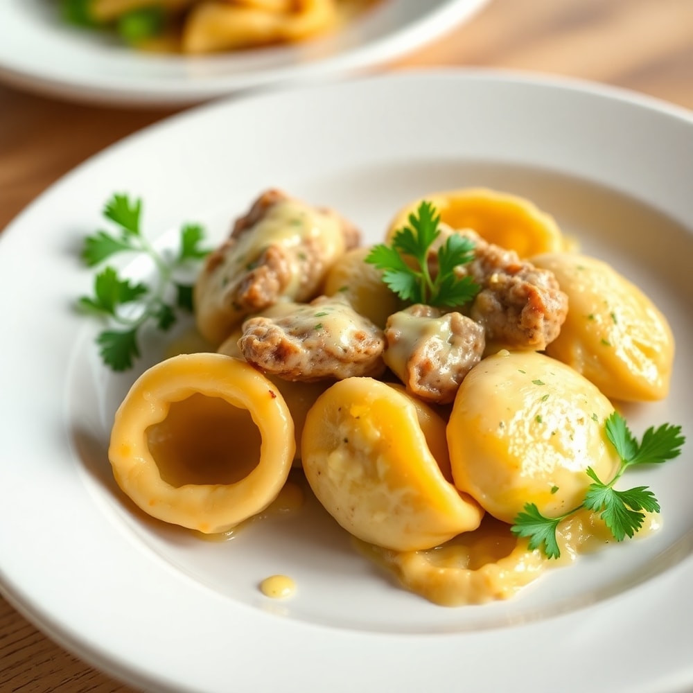 One perfect plated serving of Creamy Cracked Garlic Steak Tortellini on a white plate, garnished with fresh parsley. Close crop, food filling 90% of frame, warm side lighting showing melted cheese and crispy edges.
