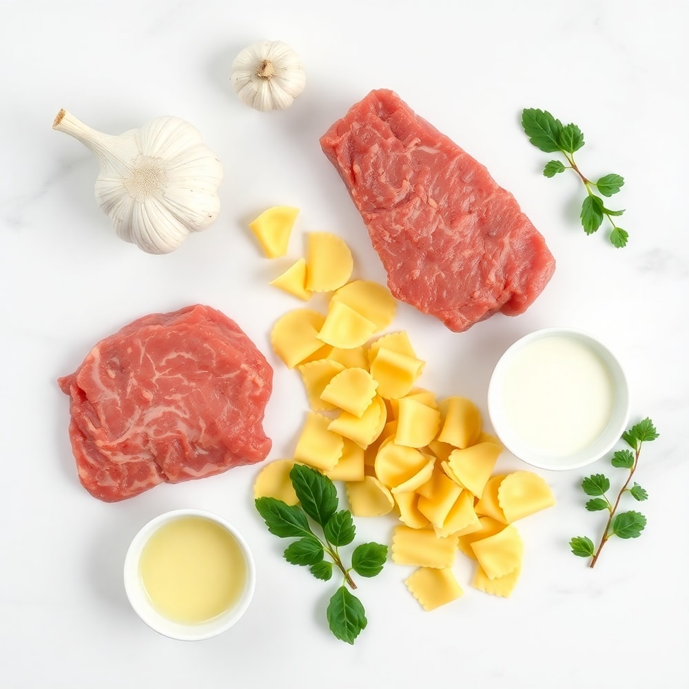 Raw ingredients for Creamy Cracked Garlic Steak Tortellini arranged as an overhead flat lay on white marble surface, including garlic, steak, tortellini, butter, and heavy cream. Bright even natural light, no harsh shadows.