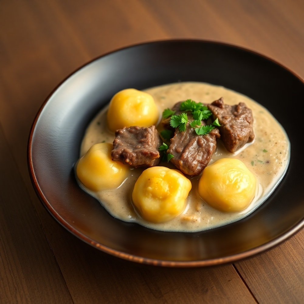 Plated Czech Svickova Beef Sirloin Stew