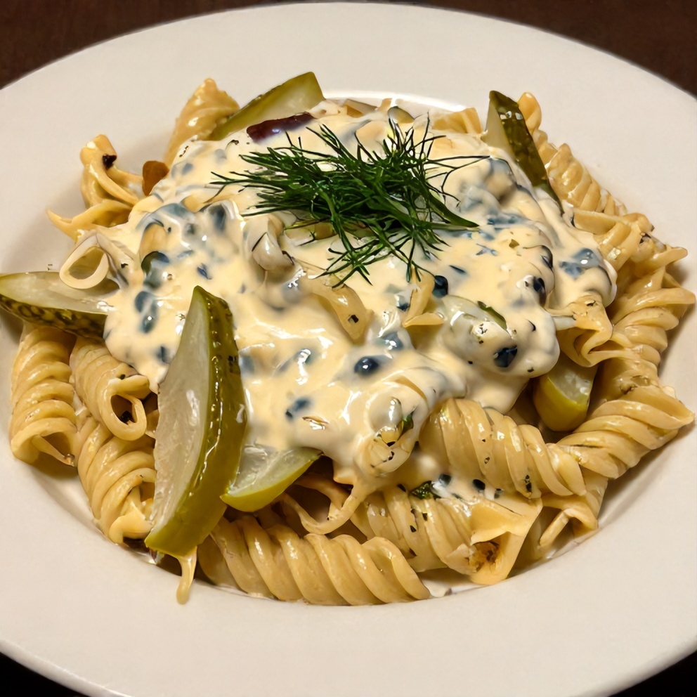 One perfect plated serving of Creamy Dill Pickle Pasta Salad on a white plate, garnished with fresh dill, with warm side lighting showing the creamy texture and layers of pasta and pickles.