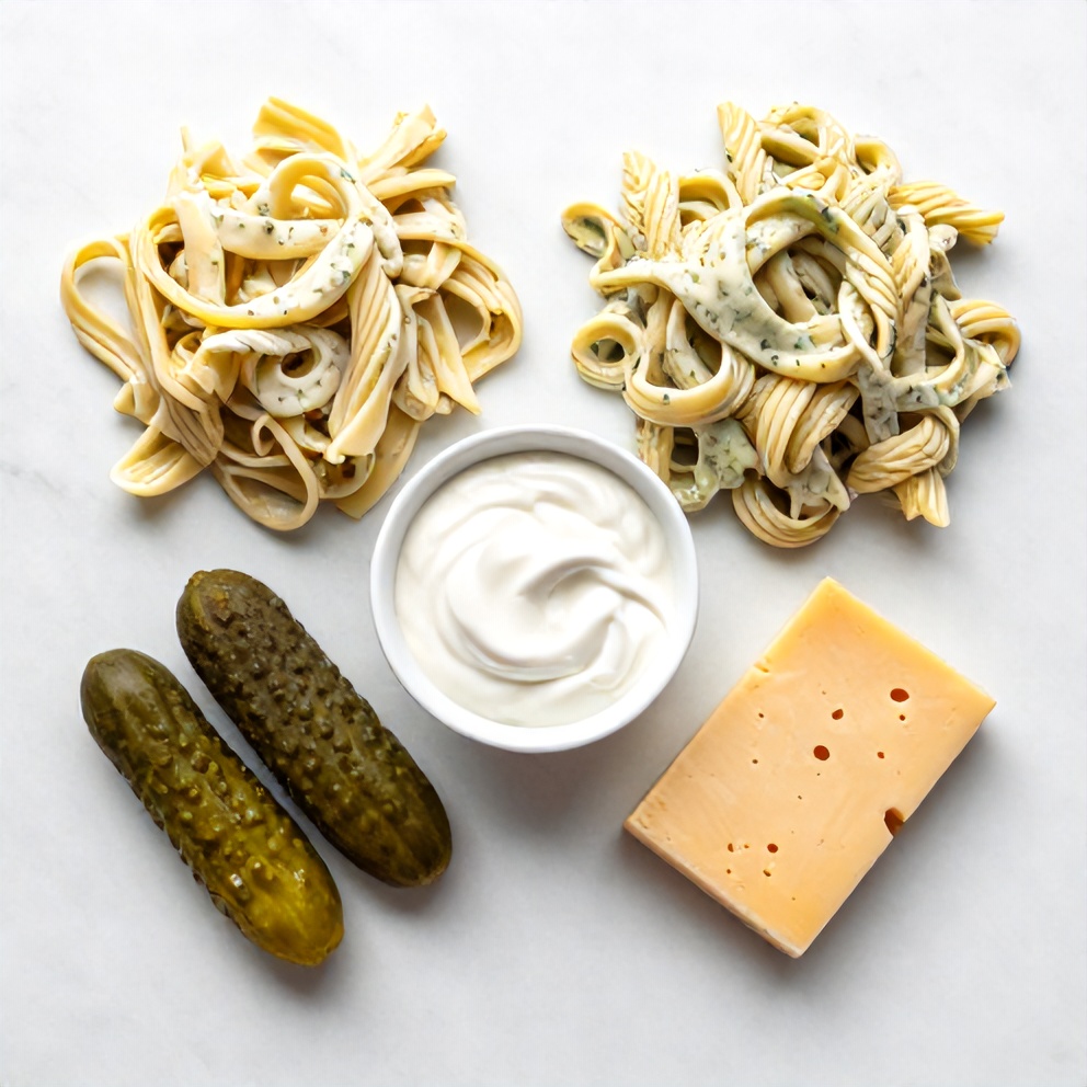 Overhead flat lay of raw ingredients for Creamy Dill Pickle Pasta Salad, including pasta, pickles, mayo, Greek yogurt, and cheese, arranged on a white marble surface with bright even light.